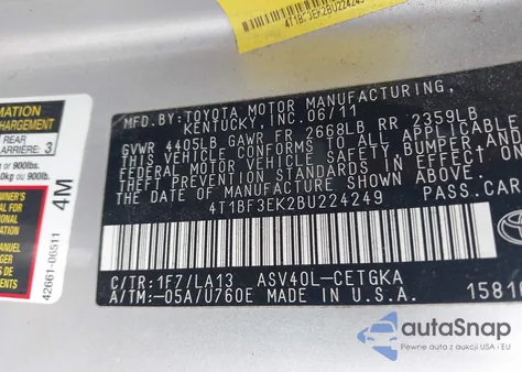 2011 Toyota Camry Xle из США, поврежденный, VIN 4T1BF3EK2BU224249